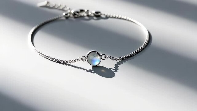 Elegant silver bracelet jewelry with moonstone detail, illuminated by light and shadows.