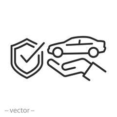 insurance car icon, auto with shield, property insurance, save transport,  hand with automobile, thin line symbol on white background - editable stroke vector illustration eps10