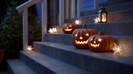 Obraz premium Halloween night: glowing jack-o'-lanterns decorate steps with twinkling star lights