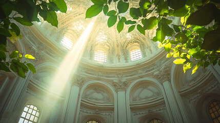 Sunlight streaming through dome architecture with green leaves creating an ethereal atmosphere