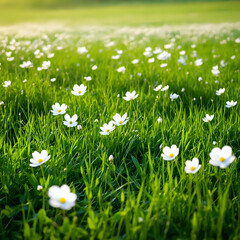 Close-up of white chamomile flowers on green grass background