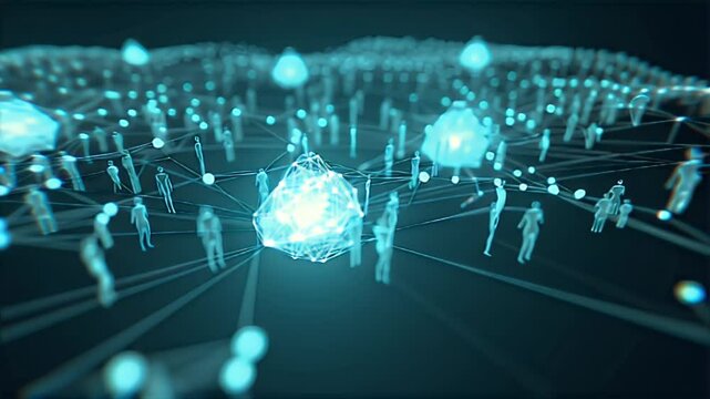 A breathtaking visualization of interconnected life. Humans, plants, and microbes glow with a faint, ethereal Jiva light, their luminescence forming a mesmerizing network.
