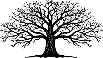 Vector art of a stark silhouette of a bare tree with outstretched branches stands against a serene blue sky and distant mountains