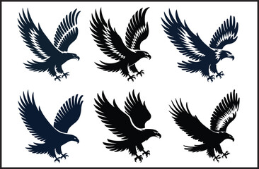 Obraz premium Set of Six Eagles Flying Silhouettes, Vector Icons