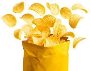 Opened Yellow Snack Bag with Floating Potato Chips in Mid-Air, isolated on transparent background
