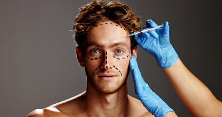 Dermatology, plastic surgery and injection on face of man in studio for prp, aesthetics and...