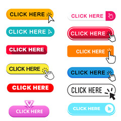 Colorful “Click Here” Button Icons Set – Modern UI Web Elements for Websites and Apps