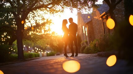 Couple embracing at sunset, silhouettes against a warm, golden light near a stone building, creating a romantic and intimate scene.