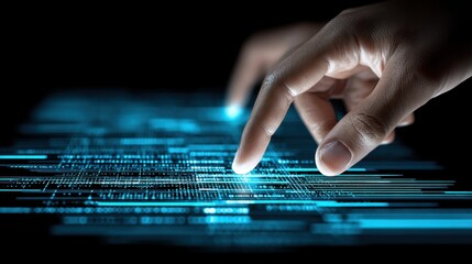 A person&rsquo;s hand interacts with a digital touchscreen interface displaying glowing blue data patterns