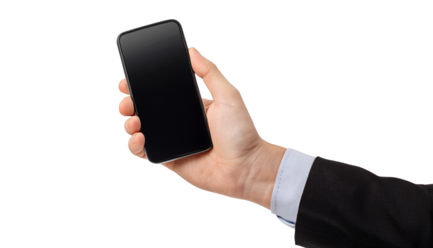 Businessman holding a smartphone with blank screen.