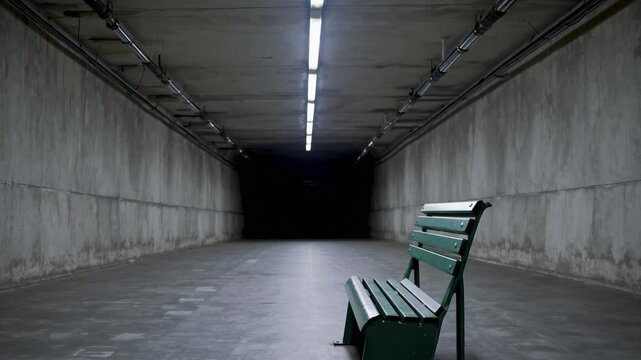  Banc vert solitaire dans un tunnel souterrain