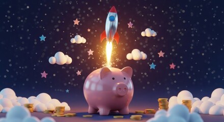 piggy bank rocket launching for financial growth and investment success in a starry night sky