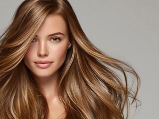 Beautiful woman with long, flowing hair and radiant skin, showcasing natural look. Her hair shines in soft waves, enhancing her features and creating elegant appearance