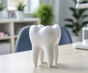 mock up of tooth on doctor desk in dental office, symbolizing oral health and care. clean, modern environment enhances focus on dental hygiene