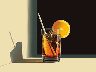 refreshing cocktail with ice and slice of orange, beautifully illuminated by sunlight. drink is served in clear glass, showcasing its rich color and inviting appearance