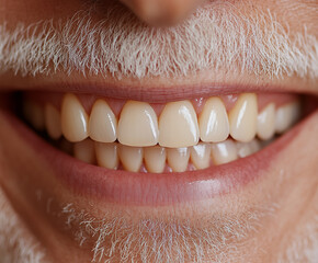 close up image of elderly man mouth showcasing his bright, healthy smile and well maintained teeth. expression conveys warmth and friendliness, highlighting beauty of aging