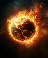 image depicts fiery representation of Earth, engulfed in flames, symbolizing destruction and climate change. intense colors evoke sense of urgency and alarm
