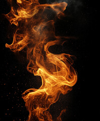 Dramatic flames swirl against black background, creating mesmerizing texture with vibrant orange hues and sparks. fiery display evokes sense of energy and intensity