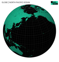 Vector Globe centered to North Pacific Ocean. Black Emerald palette. World map with meridians, parallels, countries, rivers and lakes. Elegant vector illustration. © Eugene Ga