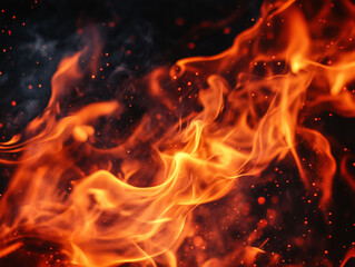 Flame burning with vibrant orange and yellow hues against dark background, creating mesmerizing and dynamic visual effect. flickering flames and glowing embers evoke warmth and intensity