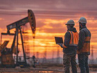 Oil field workers monitor operations at sunset, showcasing teamwork and safety in energy sector. Their hard hats and safety vests highlight importance of protection in industrial environments