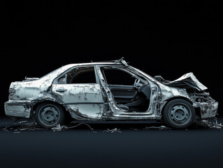 damaged white car with crumpled body and open doors, set against black background, evokes sense of abandonment and loss