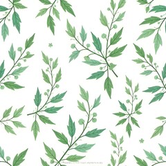 Naklejka premium Seamless pattern of green leaves and branches on a white background, botanical illustration , nature-inspired design , organic aesthetic , minimalist style , foliage pattern