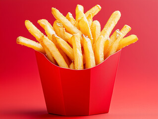 Crispy golden fries in red container against vibrant background, perfect for snacking or sharing. These delicious fries are favorite treat for all ages