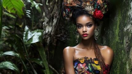 An exotic beauty in a lush jungle setting. She's adorned in vibrant colors, making a statement of natural beauty and elegance.