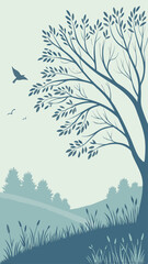 Obraz premium Serene landscape silhouette illustration featuring a tree birds and soft color palette