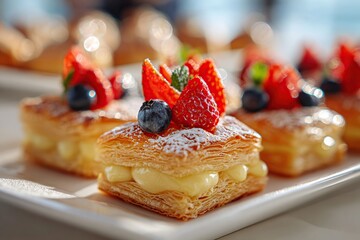 Creamy puff pastry squares topped with fresh strawberries and blueberries at a dessert showcase