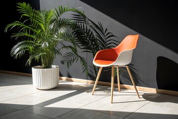 "Modern Minimalist Living Room with LED Neon Lighting and Tropical Plants"

