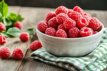 Freshly picked ripe red raspberries in a ceramic bowl on a wooden surface