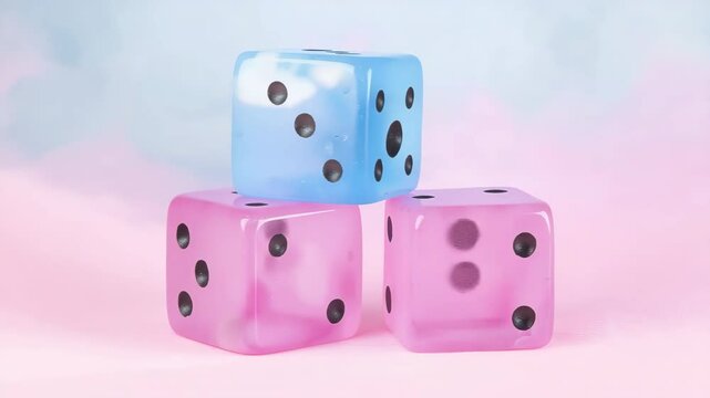 Three pink and blue dice are stacked on top of each other. The pink and blue cubes are made of a clear material and have black dots on them. The image has a playful and whimsical mood - Powered by Adobe
