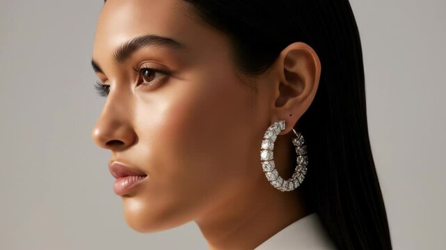 Elegant woman with stunning diamond earrings, beauty, and luxurious lifestyle.