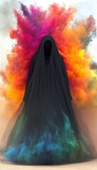 A cloaked figure emerges from a cloud of vibrant colors, creating a surreal and mysterious image.