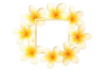 Obraz premium Delicate frangipani blossoms creating symmetrical frame against clear backdrop, ideal for summer graphic layouts