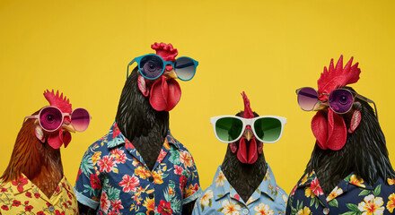 Creative funny animal concept. Group of male chicken roosters, funky colorful Hawaii floral shirts, fancy tinted oversized sunglasses, yellow background. Advert, birthday party banner, copy space