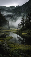 misty fir forest & valley with river nature landscape