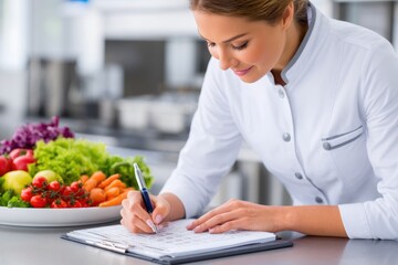 Female chef writing food inventory in kitchen