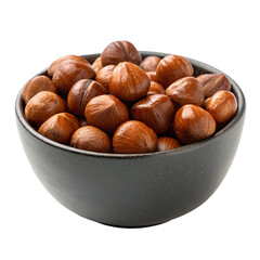 Obraz premium A black ceramic bowl filled to the brim with shelled hazelnuts, presented against a plain white background.