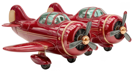 Two gleaming red vintage airplanes with chrome accents and bubble canopies isolated on transparent background