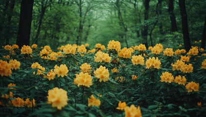 Obraz premium Lush yellow flowers fill a forest path