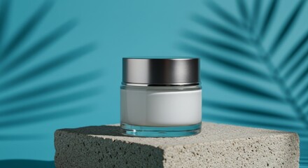 Cosmetic jar of cream with shadows of tropical leaves on a blue background