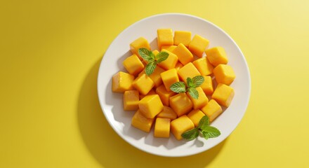 Vibrant image of fresh mango cubes, garnished with mint, on a white plate.