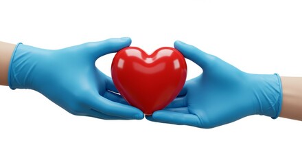 Medical hands carefully holding a vibrant red heart, conveying health and care with a clean aesthetic.