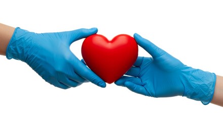 Hands in blue gloves holding a red heart, symbolizing medical care and love.