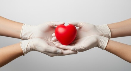 Hands in medical gloves holding a red heart, conveying care and support.