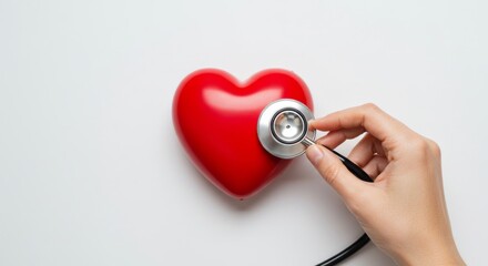 A person examines a red heart with a stethoscope, a symbol of health and wellness.
