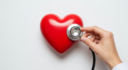 A doctor's hand using a stethoscope to examine a red heart.